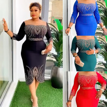 Women's mid sleeve nail bead hot stamping dress Women's mid sleeve nail bead hot stamping dress