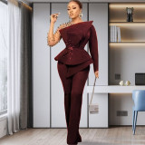 Large size women's solid color nail bead mesh pants set