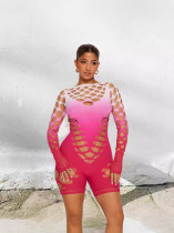 High elasticity tie dye hollow out long sleeved jumpsuit