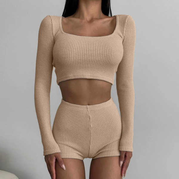 Solid color long sleeved square neck tight two-piece set
