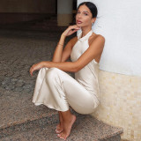 Solid color sleeveless hanging neck backless satin dress