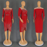 Women's mid sleeve nail bead hot stamping dress