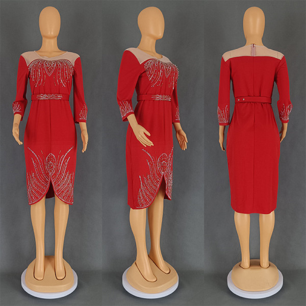 Women's mid sleeve nail bead hot stamping dress