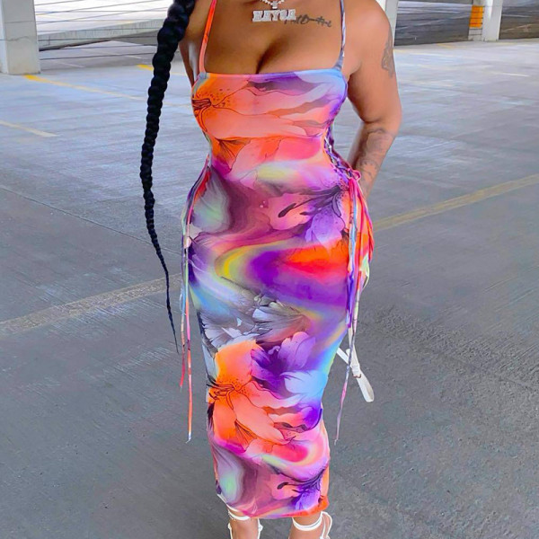 Strap collar sleeveless high waisted drawstring long dress
