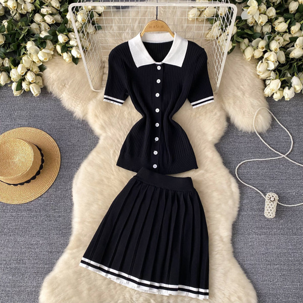 Color blocked Polo collar short sleeved shirt top+high waisted pleated skirt two-piece set