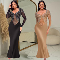 Women's rhinestone solid color long sleeved dress Women's rhinestone solid color long sleeved dress