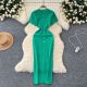 Round neck single breasted short sleeved mid length dress