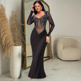 Women's rhinestone solid color long sleeved dress