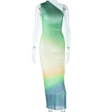 Printed off shoulder sleeveless gradient color hip hugging long skirt