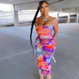 Strap collar sleeveless high waisted drawstring long dress