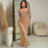 Women's rhinestone solid color long sleeved dress
