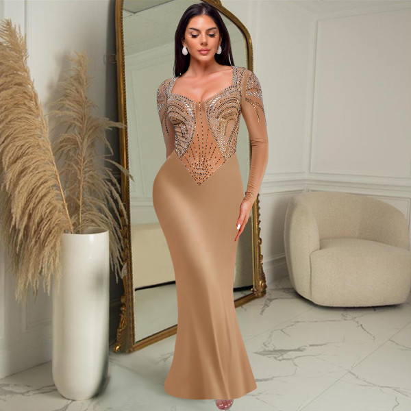 Women's rhinestone solid color long sleeved dress