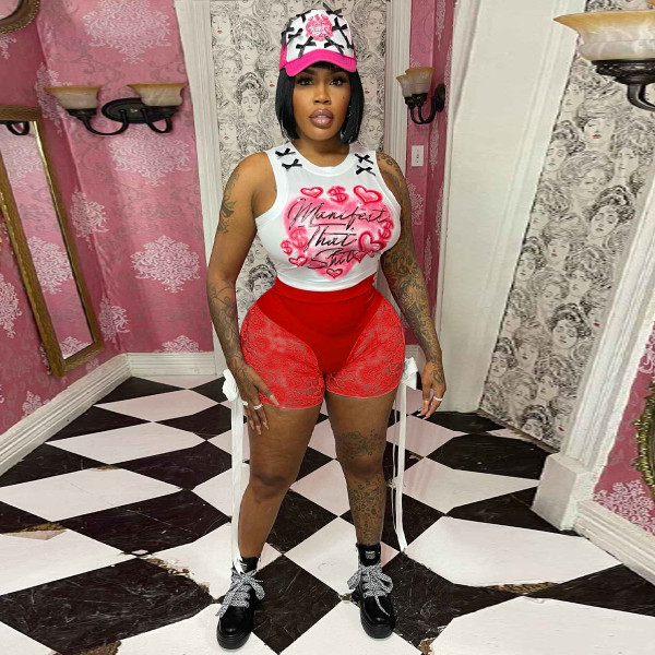 Hip lifting lace see through bow shorts+sleeveless vest two-piece set