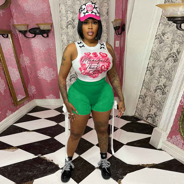Hip lifting lace see through bow shorts+sleeveless vest two-piece set