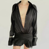 Collar V-neck flared sleeve mesh dress