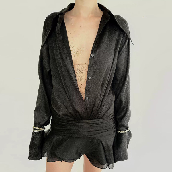 Collar V-neck flared sleeve mesh dress