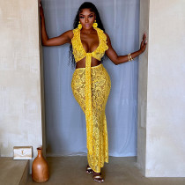 Lace lace top high waist see through long skirt two-piece set Lace lace top high waist see through long skirt two-piece set