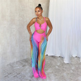 Tight backless contrasting low cut suspender high waisted jumpsuit