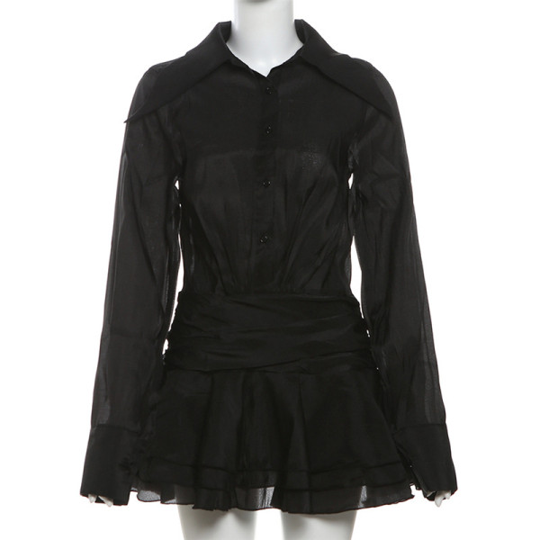 Collar V-neck flared sleeve mesh dress