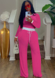 Ribbed contrasting round neck long sleeved Bottoms,Pants two-piece set