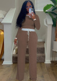 Ribbed contrasting round neck long sleeved Bottoms,Pants two-piece set