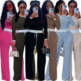 Ribbed contrasting round neck long sleeved Bottoms,Pants two-piece set