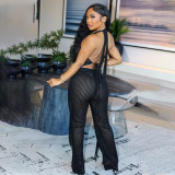 Two piece set with neck tie and sleeveless backless top paired with loose Bottoms,Pants