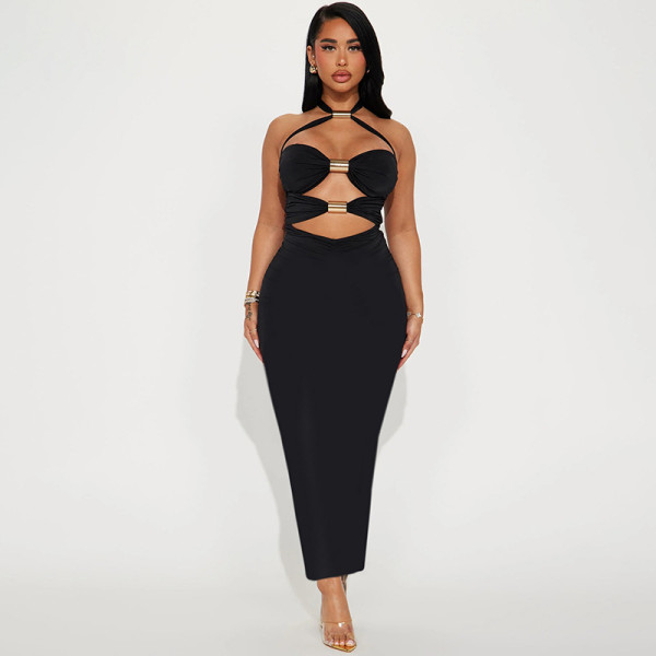 Hanging neck sleeveless hollow out chest hugging tight buttocks dress