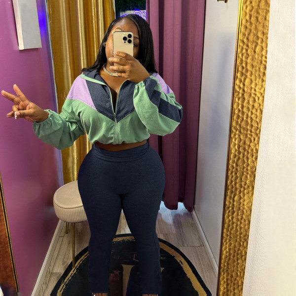 Color blocked zipper cardigan, tight Bottoms,Pants, sports suit