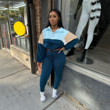 Zipper color blocked sweatshirt leggings sports two-piece set