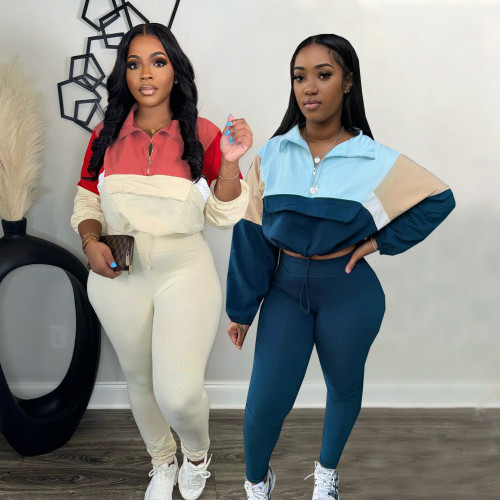 Zipper color blocked sweatshirt leggings sports two-piece set