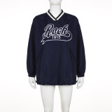 Large letter printed contrasting V-neck pullover loose hoodie