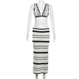 Lace up deep V-backless top, high waisted striped skirt set