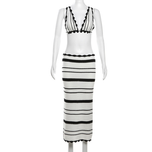 Lace up deep V-backless top, high waisted striped skirt set