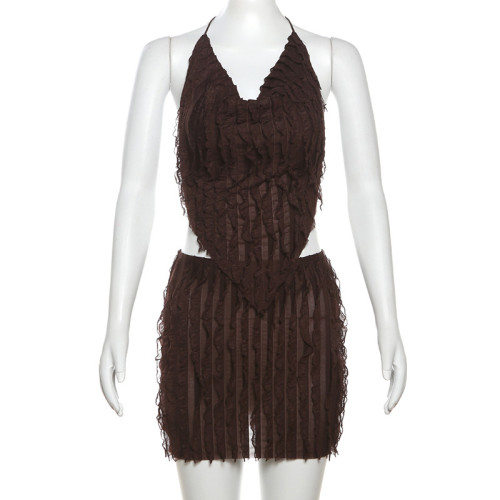 Neck tied vest pleated backless short skirt set