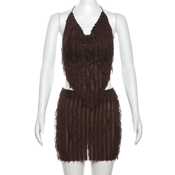 Neck tied vest pleated backless short skirt set