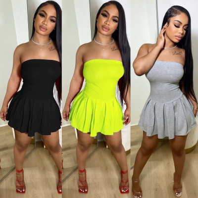 High waisted pleated skirt solid color off shoulder strapless dress
