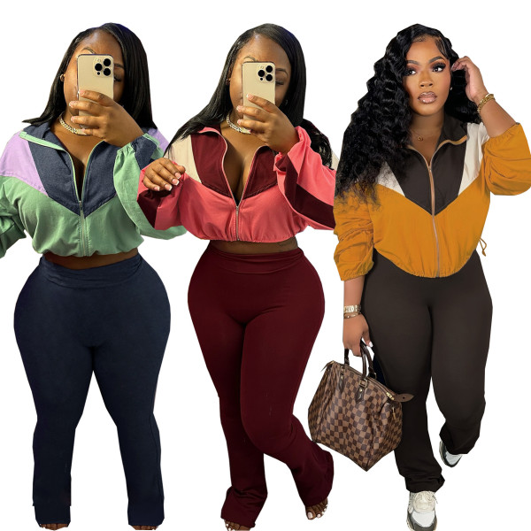 Color blocked zipper cardigan, tight Bottoms,Pants, sports suit