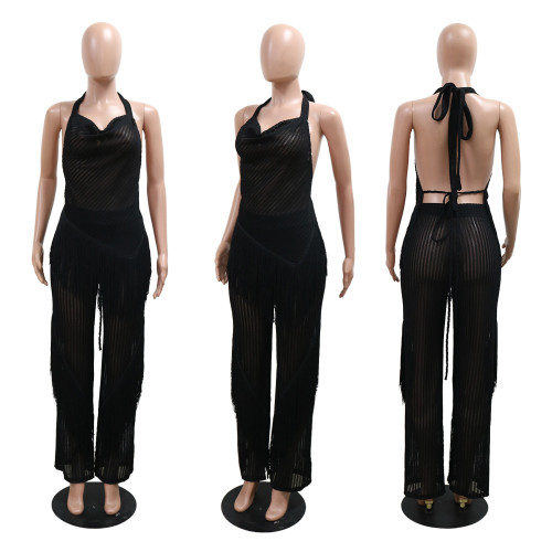 Two piece set with neck tie and sleeveless backless top paired with loose Bottoms,Pants