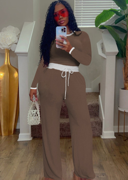 Ribbed contrasting round neck long sleeved Bottoms,Pants two-piece set