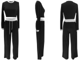 Ribbed contrasting round neck long sleeved Bottoms,Pants two-piece set