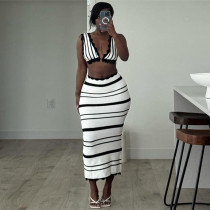 Lace up deep V-backless top, high waisted striped skirt set Lace up deep V-backless top, high waisted striped skirt set