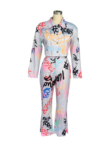 Colorful letter graffiti high waist straight tube set