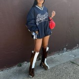 Large letter printed contrasting V-neck pullover loose hoodie