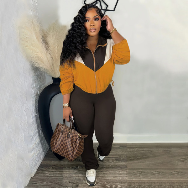 Color blocked zipper cardigan, tight Bottoms,Pants, sports suit