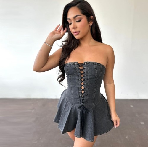 Zipper tied chest wrapped denim short dress