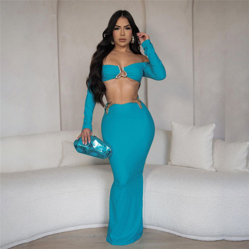 Long sleeved metal three-dimensional decoration exposed navel long skirt set
