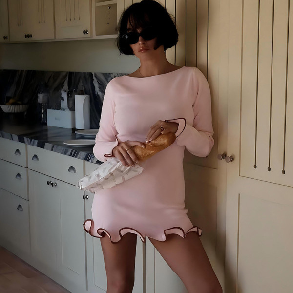 Curled round neck long sleeved dress