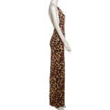 Hanging neck deep V-neck leopard print hip hugging dress