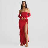 Solid color sleeve set, strapless jumpsuit, split skirt set
